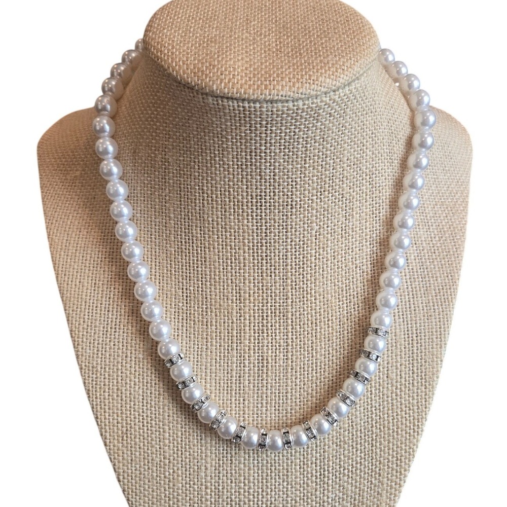 White Faux Pearl Necklace Rhinestone Strand Bridal Wedding Formal Contemporary